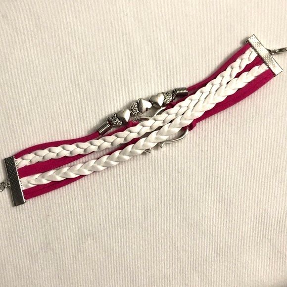 Heart Braided PU Leather Wrap Charm Bracelet Pink White - Picture 2 of 4